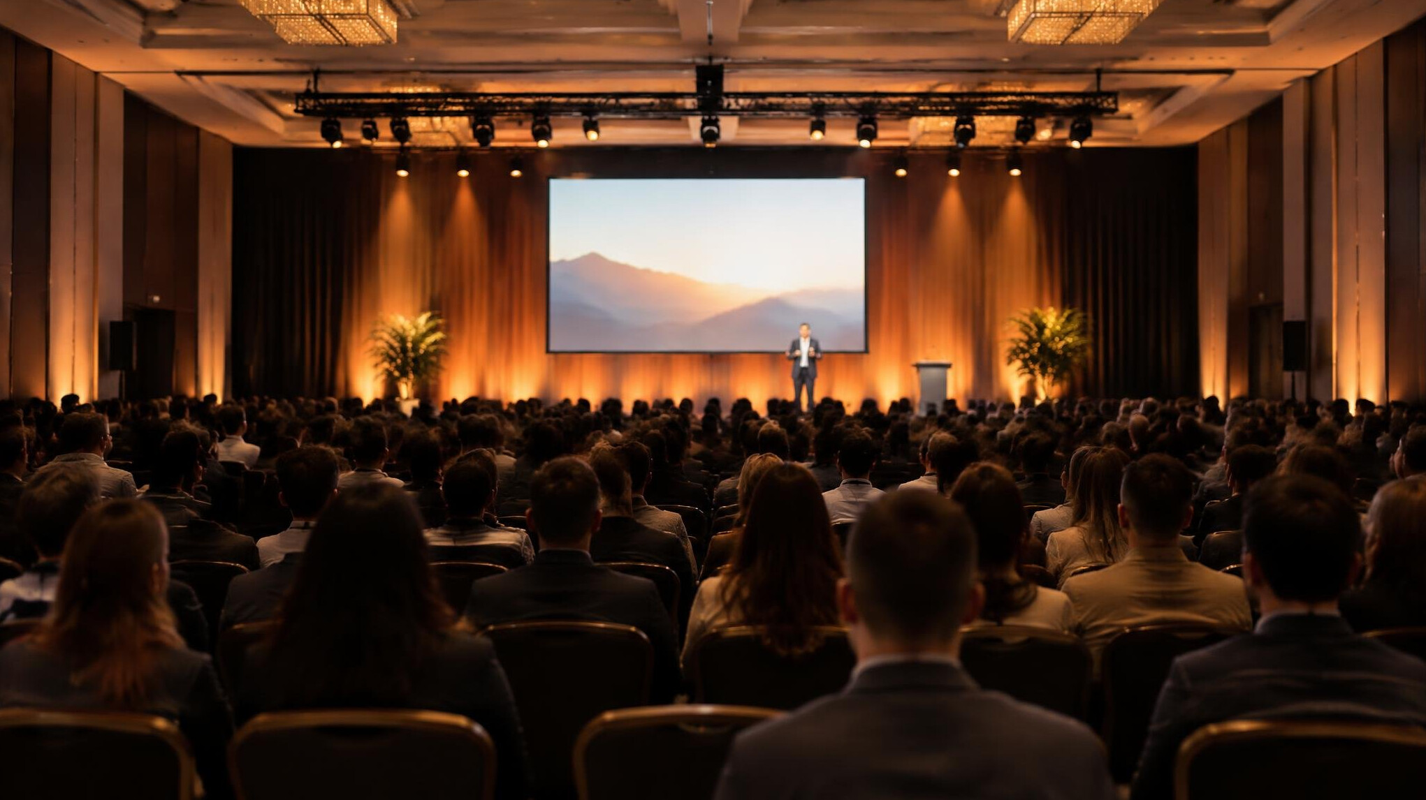 Audience at a conference event with stage lighting