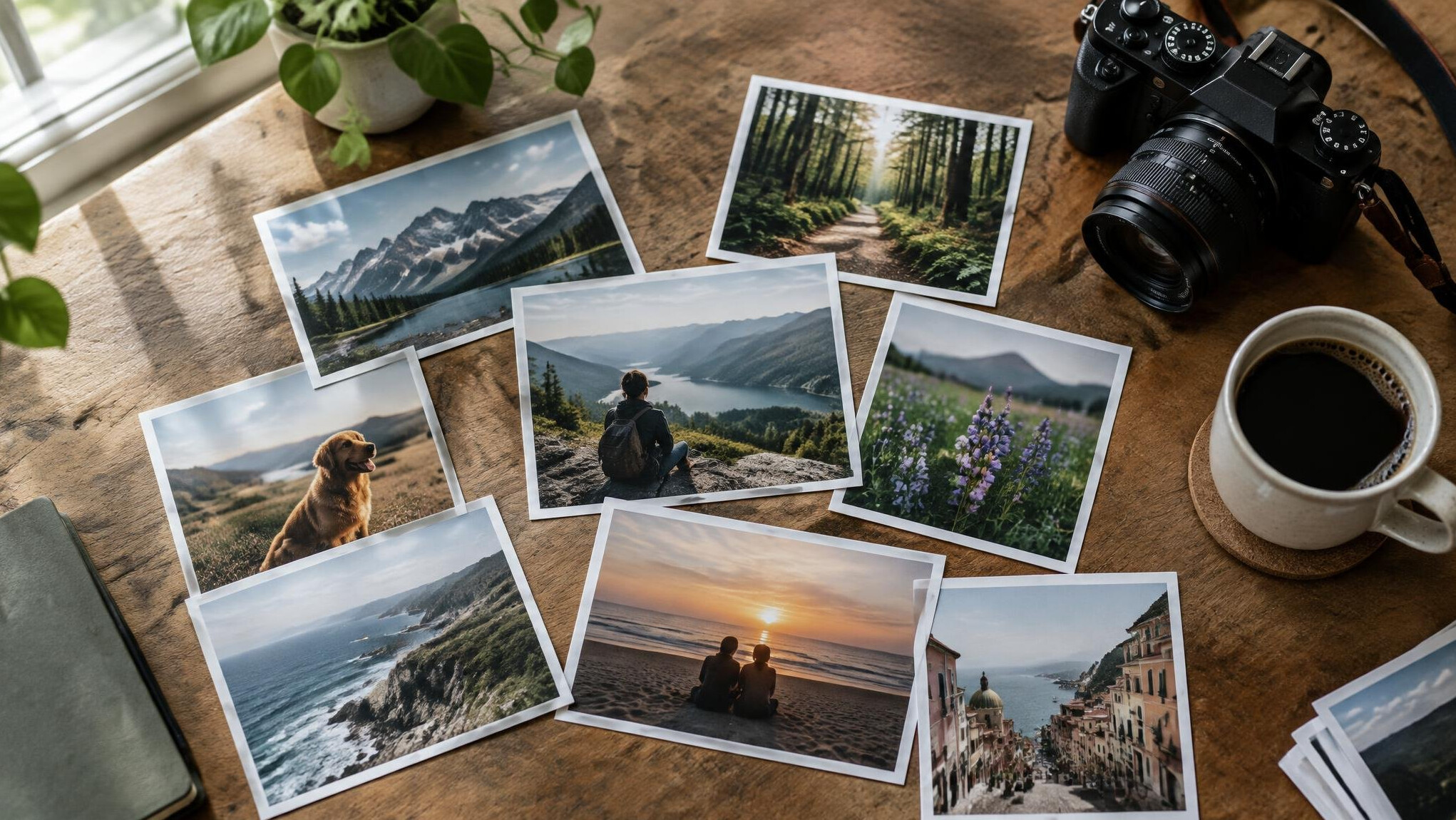 Printed photographs and camera on a desk