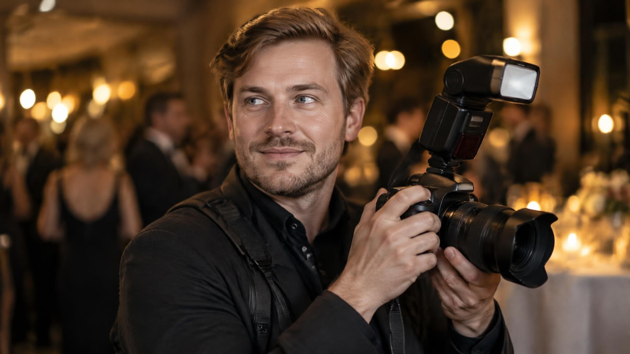 Photographer holding a professional camera at an event