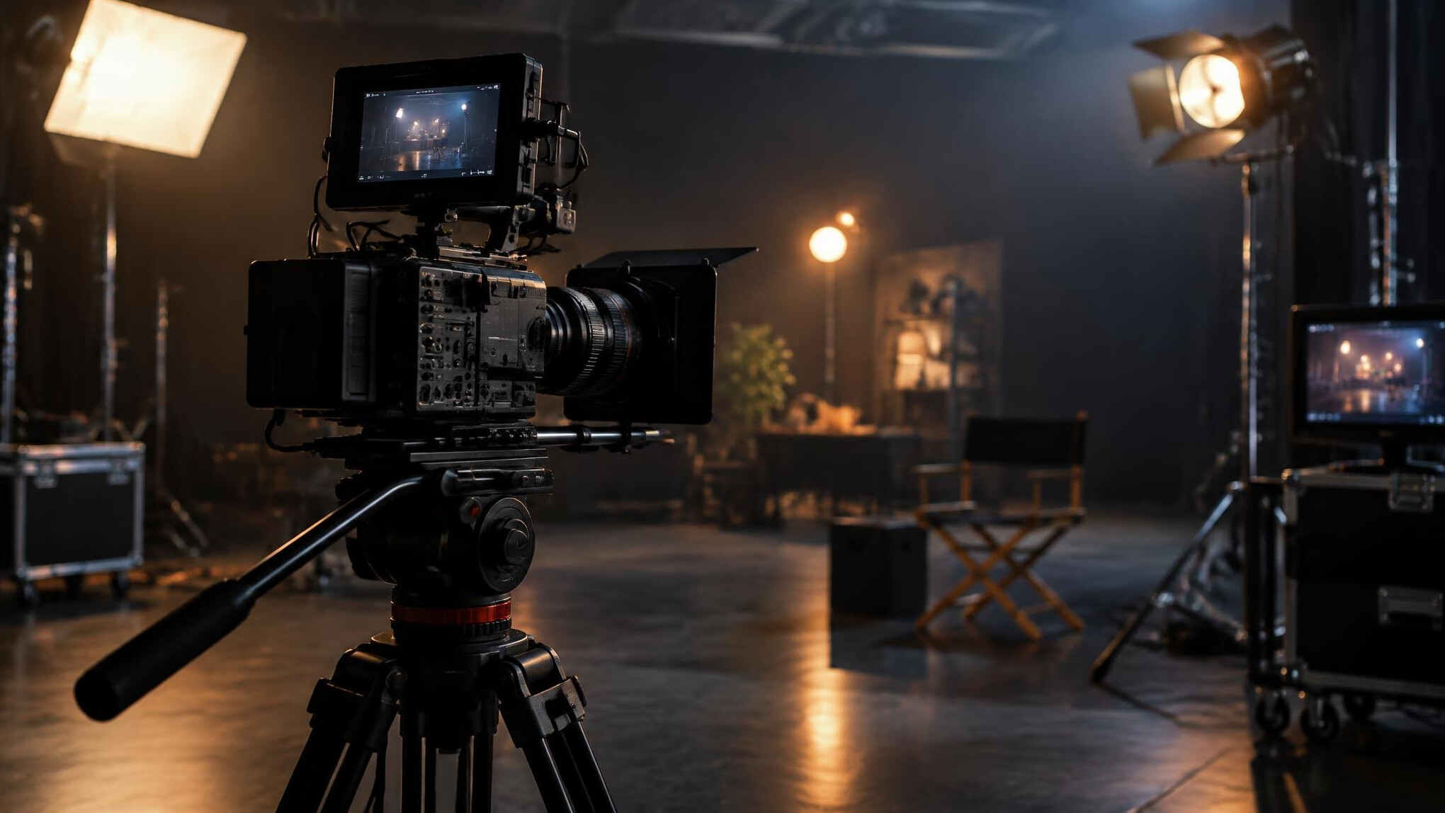 Video camera on a tripod on a production set
